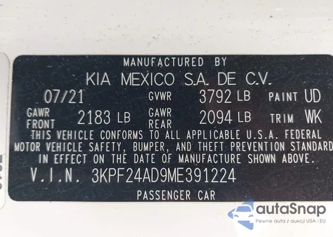 2021 Kia Forte Lxs from USA, damaged, VIN 3KPF24AD9ME391224